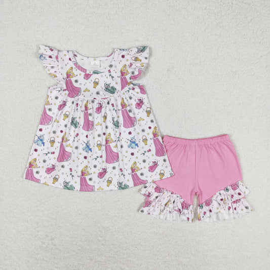 Cute Clothes GSSO0910 Baby Girls Pink Flowers Tunic Ruffle Shorts Clothes Sets