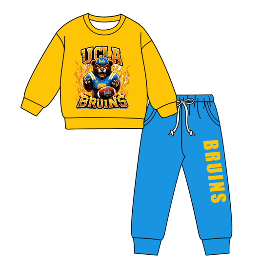 Custom moq 5 mix size milk silk summer teams baby boy clothes yellow and blue long sleeve pants sets-25.11.5
