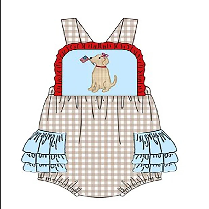 5.17custom each style moq 5eta 4-5week Sibling Sister patriotic puppy print blue girls and boys outfits and baby romper match family design