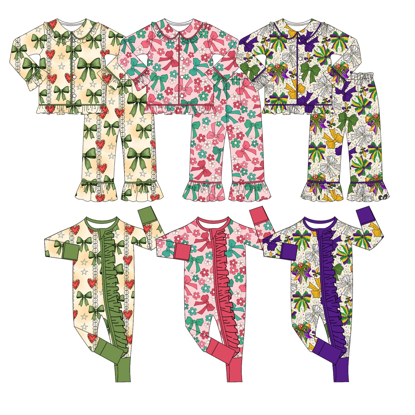 25.9.6 custom each style moq 5 eta 4-6week Sibling Sisters mardi gras baby girl long sleeve pants sets 1 and sets 3 and romper 1 and romper 3 match family design