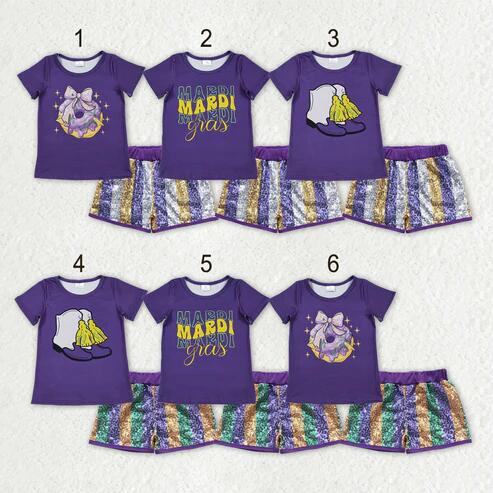 RTS NO MOQ Sibling Baby Girls Mardi Gras Sequin Stripe Top And Shorts Set Cute Festive Outfit for Infants Baby Clothing Set