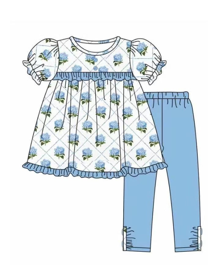 5.11custom each style moq 5eta 4-5week Sibling Sister blue flower prints blue girls outfits and baby romper and dress match family design