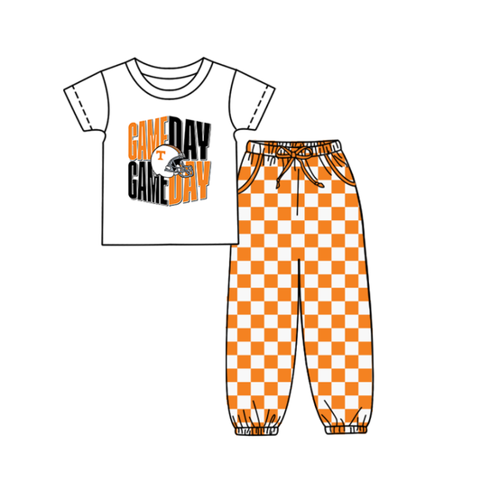 Custom summer teams baby boy clothes team GAME DAY orange plaid short sleeve pants sets-25.9.4