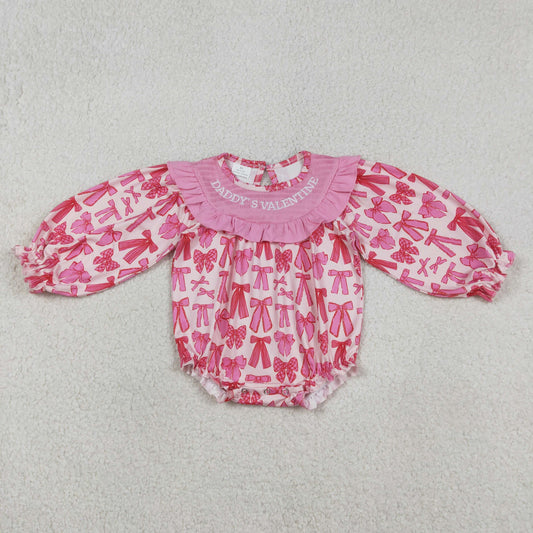 RTS NO MOQ（In Stock) Embroidered Daddy's Valentine's pink long-sleeved jumpsuit with bow pattern and lace trim