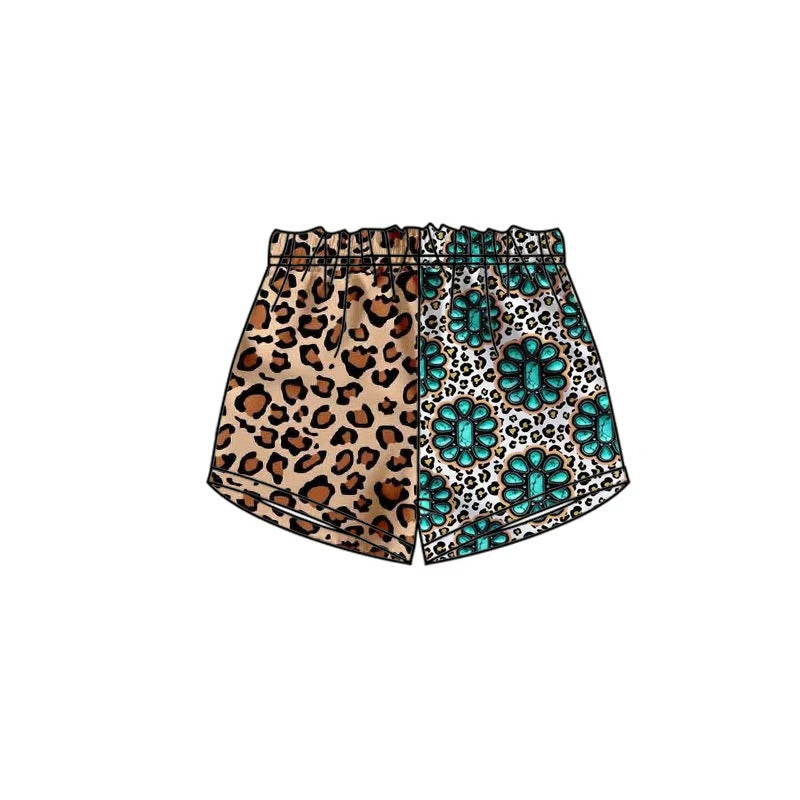 Custom moq 5 mix size milk silk Baby Girl's Western Turquoise Flower Leopard Print Elastic Waist Shorts