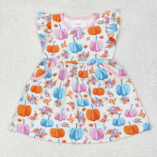 RTS no moq GSD1332 Pumpkin Blossom Beige Button Flying Sleeve Dress