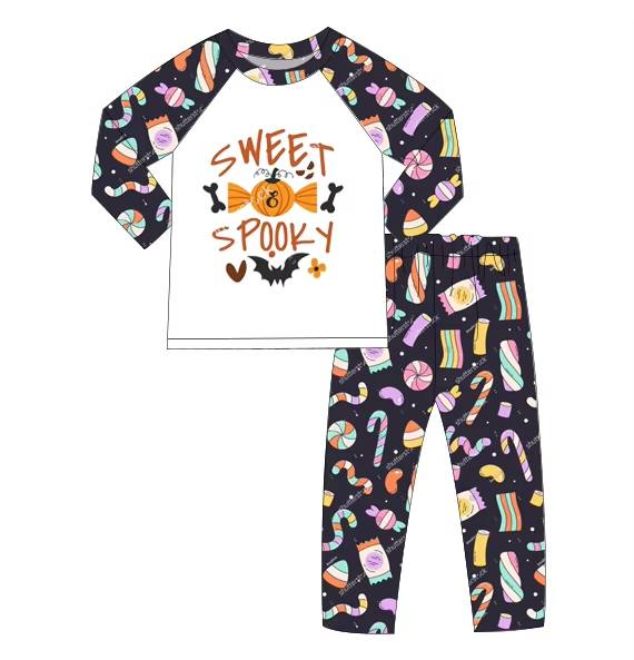 Custom moq 5 mix size milk silk summer teams baby girl clothes halloween Sweet Spooky long sleeve pants sets-25.8.7