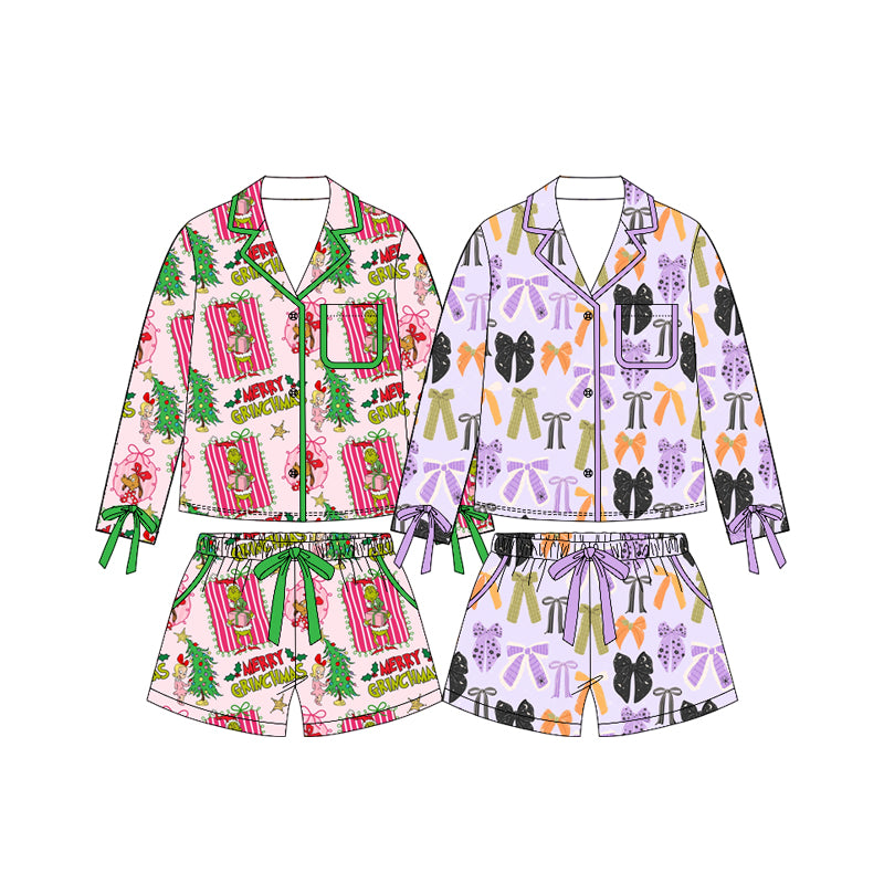 (Preorder new) No moq Adult Women Cute Halloween Spider Bow Graphic Button Front Pocket Top Shorts Comfort Night Sleep Outfits
