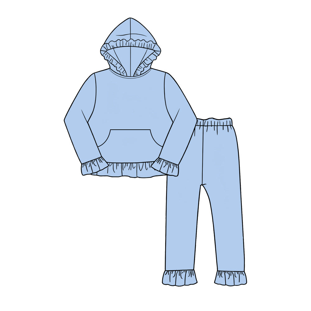 custom moq 5 mix size KYMN0101 Baby Ruffle Trim Hoodie Sweatshirt And Ruffle Cuff Leggings Set Fall Casual Kids Long Sleeve Outfit With Front Pocket