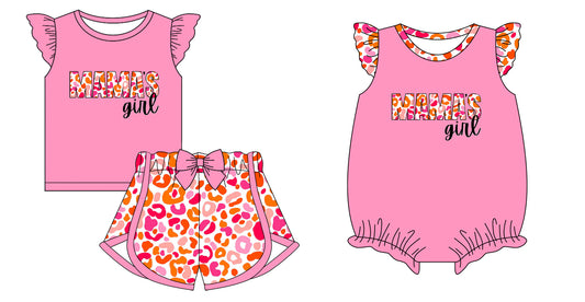 12.4 custom each style moq 5eta 4-6week Sibling Sister MAMA GIRL leopard Baby girl short sleeve shorts sets and rompers match design