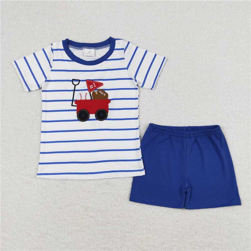 Baby boys baseball cart prints blue plaid white Sibling Sister Clothes Sets
