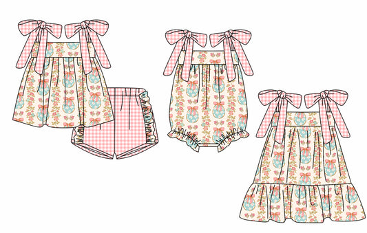12.2 custom each style moq 5eta 4-6week Sibling Sister floral bow baby girl short sleeve shorts sets and dress and rompers match family design