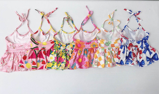 5.17custom each style moq 5eta 4-5week Summer flower fruit bow print shoulder skirt series