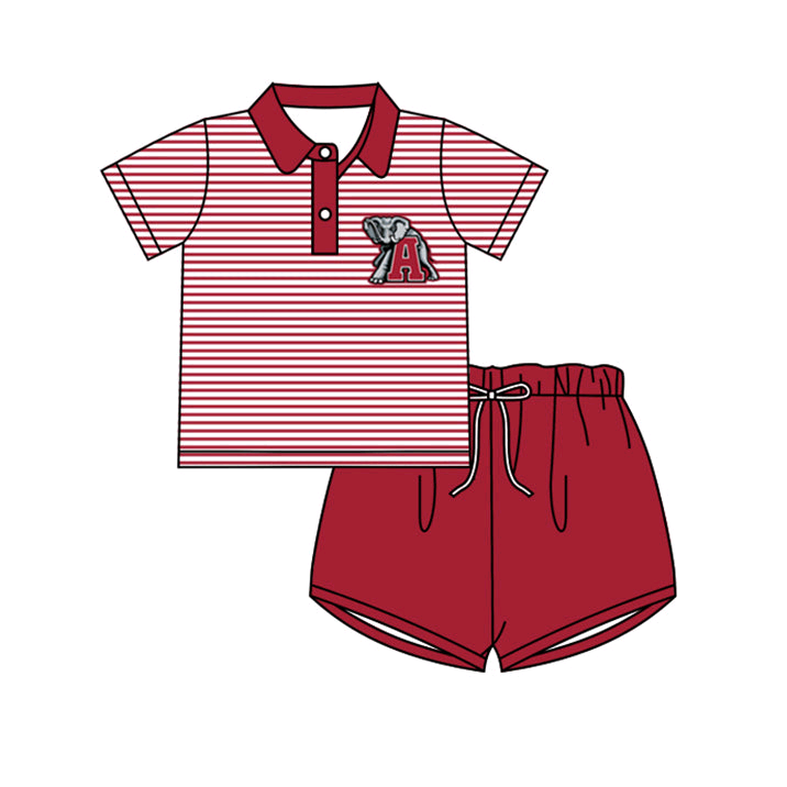 Deadline September 30 custom no moq eta 6-8weeks Wild Elephant Letter A Pattern-Red Striped Button Short Sleeve-Shorts Set