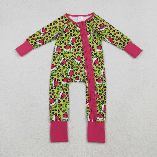 RTS NO MOQ（In Stock) LR2520 Cartoon Leopard Print Rose and Red Lace Green Zippered Long-Sleeved Bodysuit