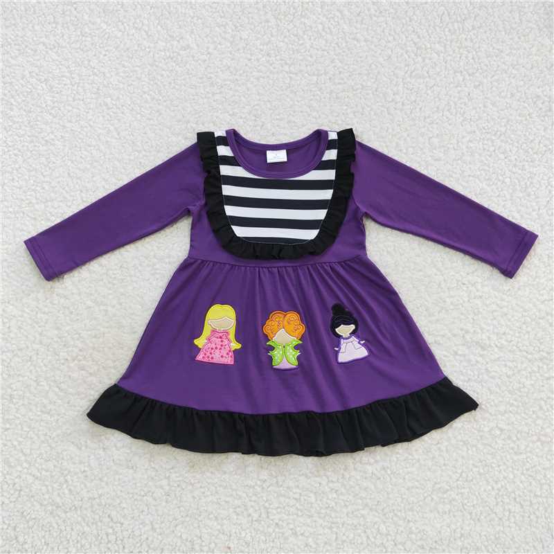 RTS NO MOQ（In Stock) GLD0365 Cute Clothes  baby clothing embroidery Halloween purple long sleeve dress