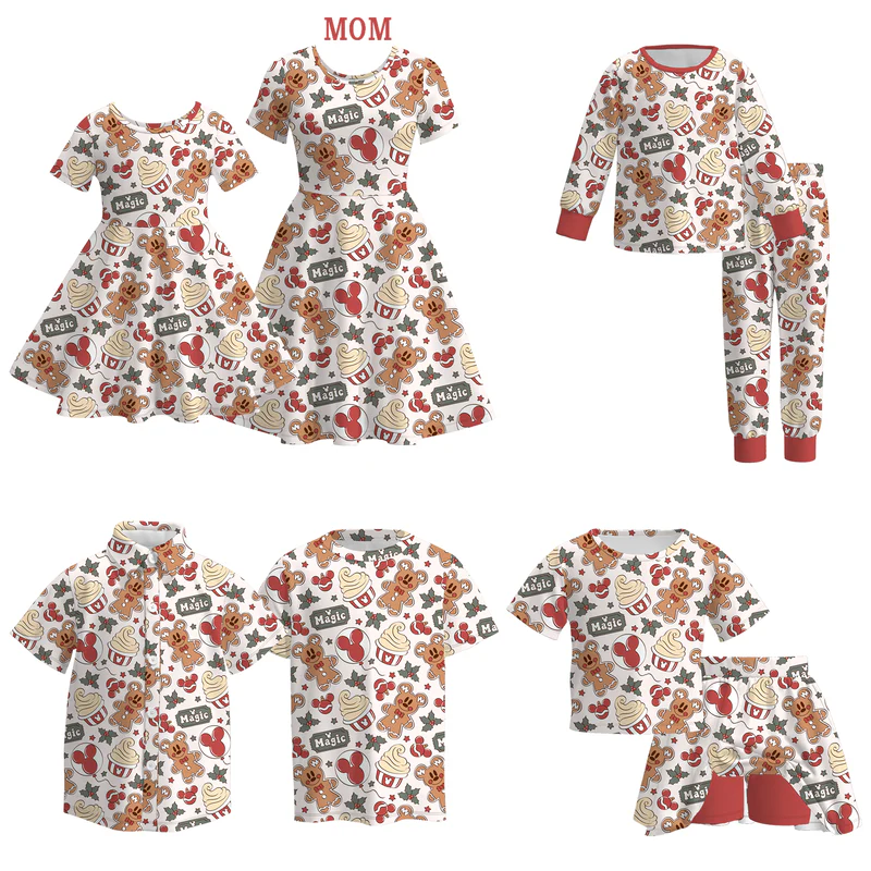 Custom moq 5 each style eta 6-7weeks Christmas baby girl short sleeve dress and long sleeve pants sets and shorts sets and top 1 and top 2 and adult dress