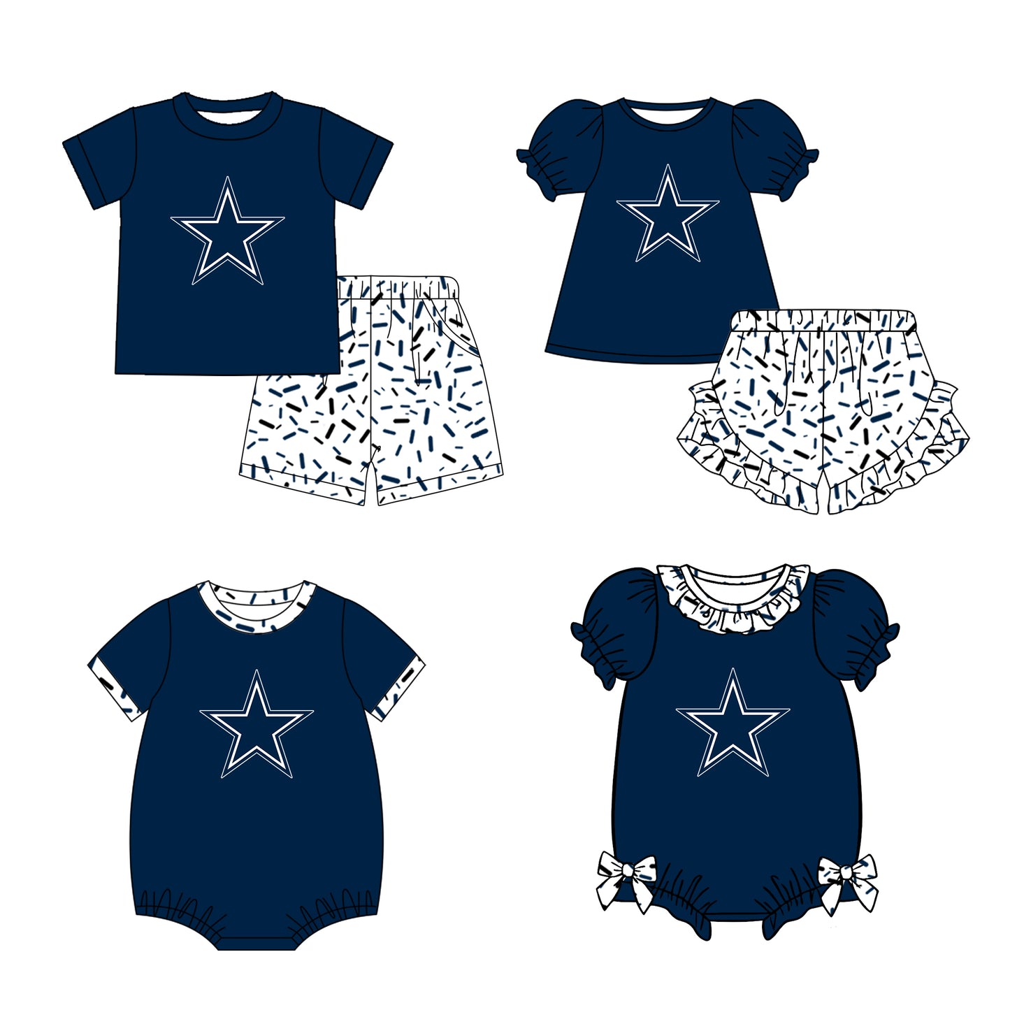 Custom moq 5 mix size milk silk summer teams baby girl boys clothes navy blue short sleeve shorts sets and rompers series