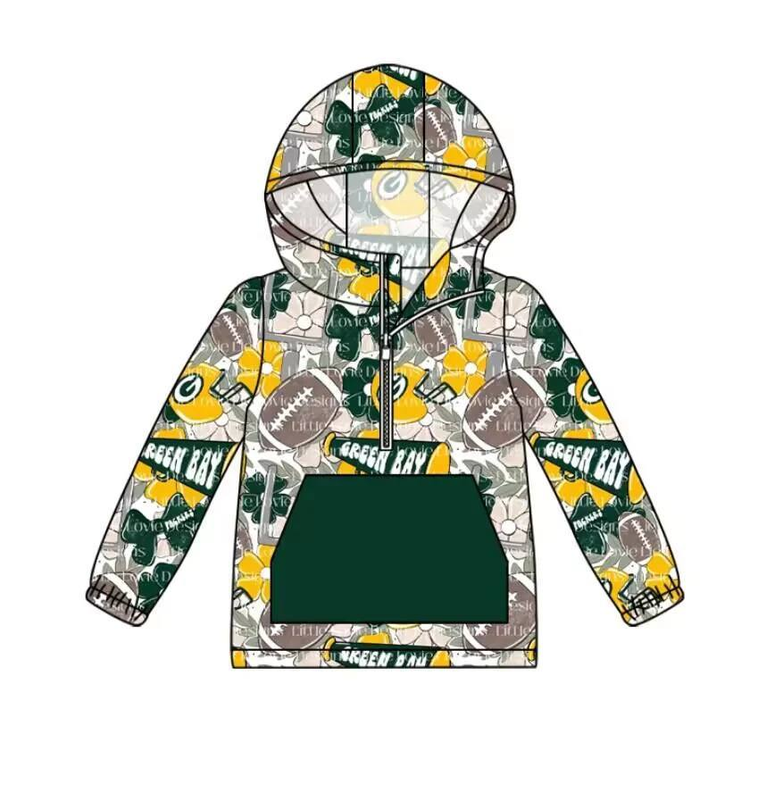 Custom moq 5 mix size milk silk baby girls clothes team green hooded long sleeve top 2-25.8.2