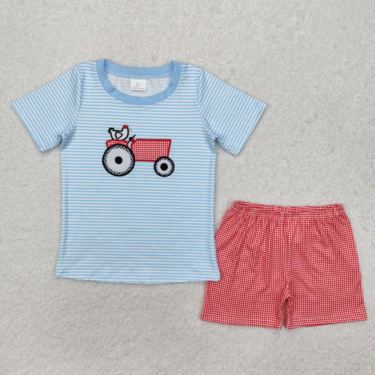 RTS NO MOQ（In Stock) Embroidered chicken tractor blue striped short-sleeved red plaid shorts set