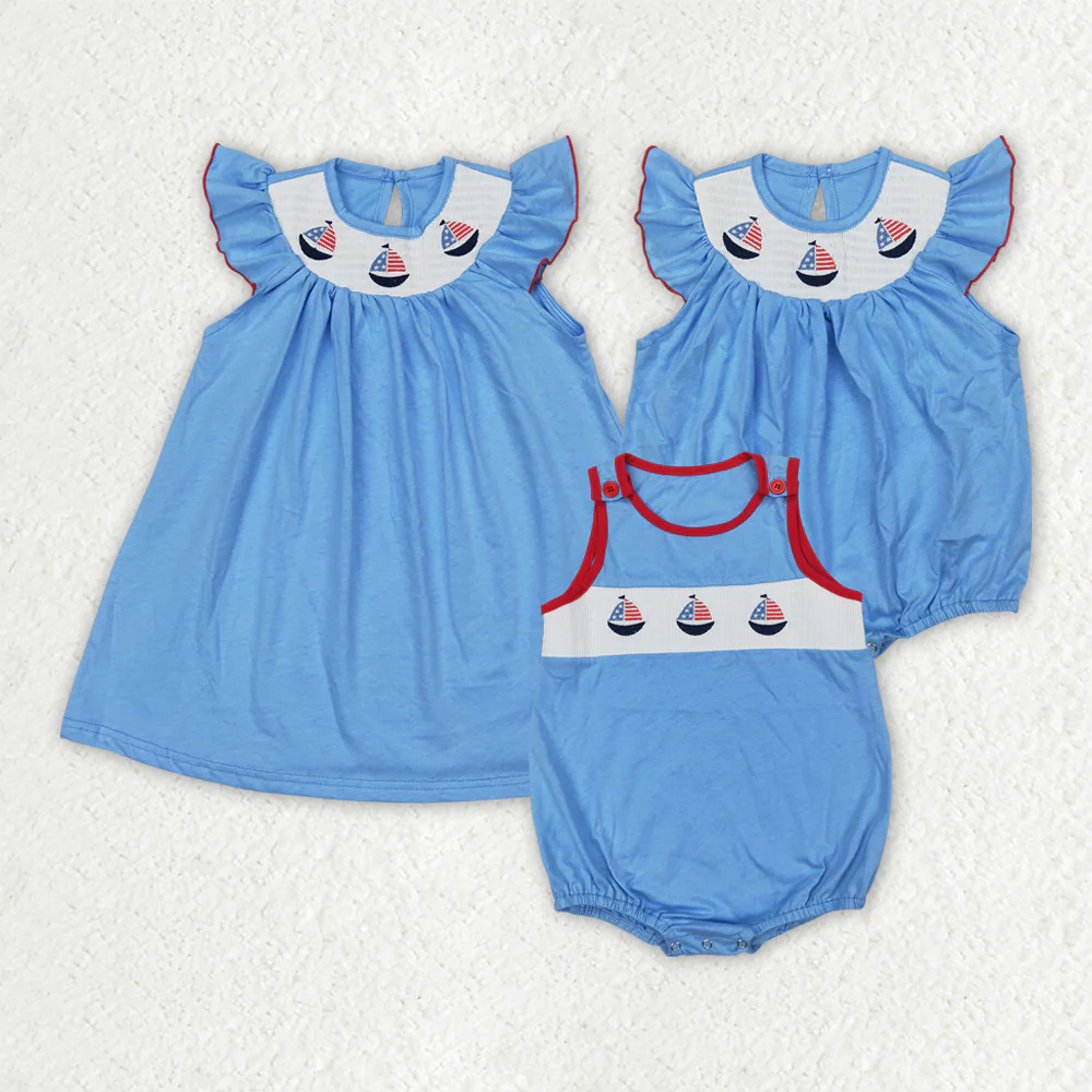 RTS NO MOQ baby girl clothes embroidery smocked 4th of july flag flying-sleeved romper dress