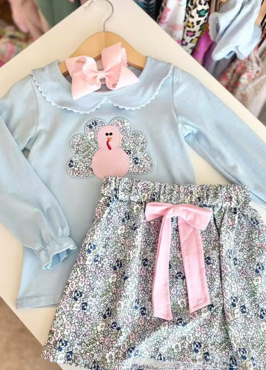 RTS NO MOQ（In Stock) GLD0849 Embroidered floral turkey blue long-sleeved skirt set with a doll collar
