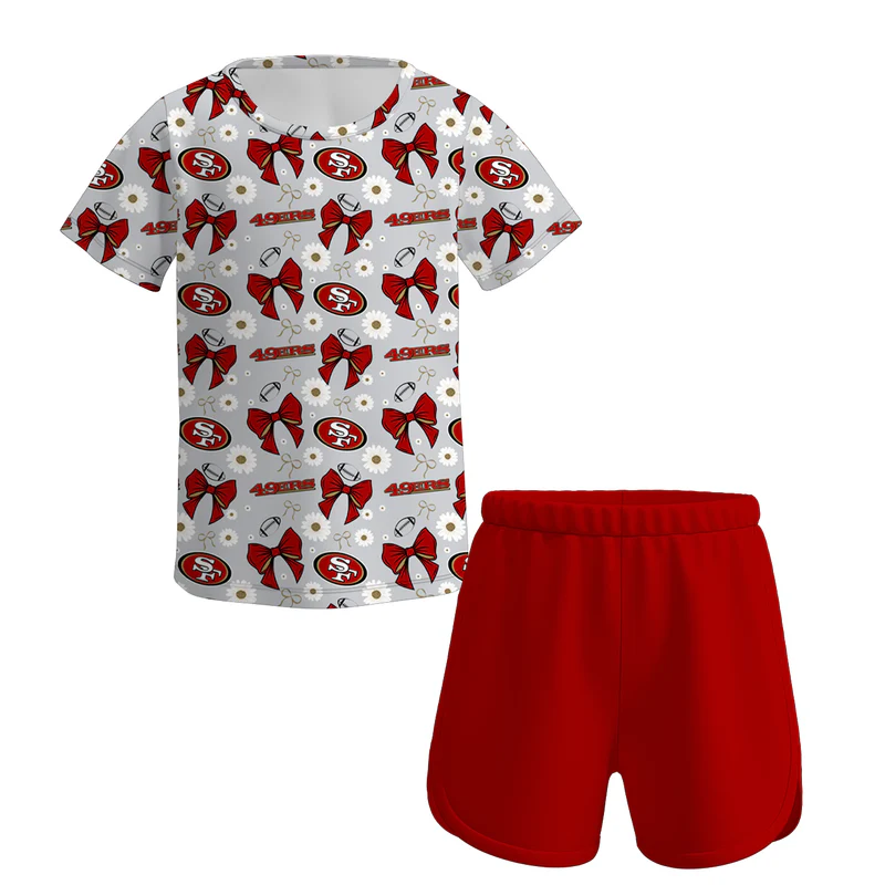Custom moq 5 each style eta 6-7weeks baby boy and girl clothes team bow short sleeve shorts suits