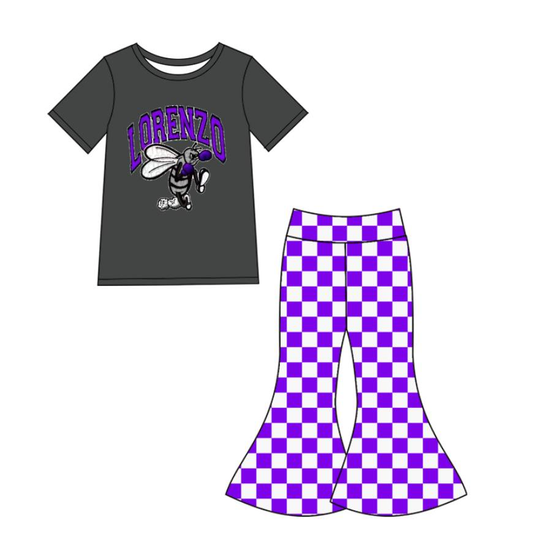 Custom summer teams baby girl clothes team purple plaid short sleeve pants sets-25.8.22