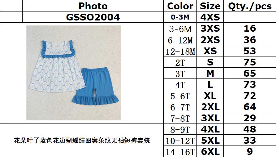 RTS NO MOQ ETA 5/7days Arrived GSSO2004 Flower and leaf blue lace bow pattern striped sleeveless shorts set