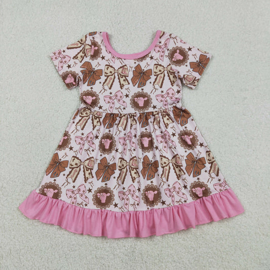RTS NO MOQ（In Stock ) GSD3384 Bull head star bow pattern pink lace short-sleeved dress
