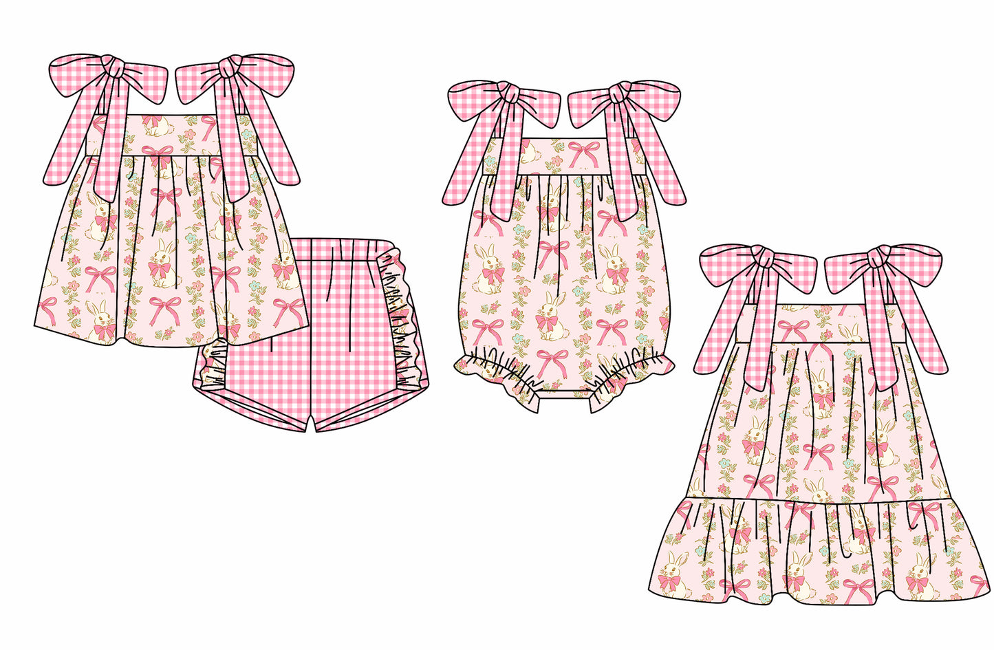 12.2 custom each style moq 5eta 4-6week Sibling Sister floral bow easter rabbit baby girl short sleeve shorts sets and dress and rompers match family design