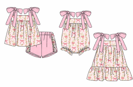 12.2 custom each style moq 5eta 4-6week Sibling Sister floral bow easter rabbit baby girl short sleeve shorts sets and dress and rompers match family design