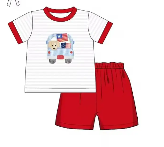 5.10custom each style moq 5eta 4-5week Sibling Sister dog on the car prints red boys and girls outfits and baby romper match family design