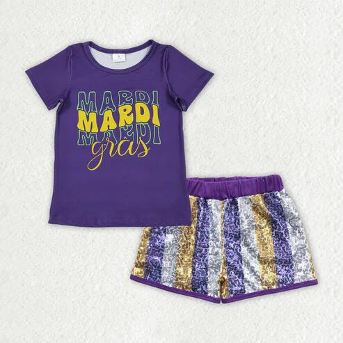 RTS NO MOQ Sibling Baby Girls Mardi Gras Sequin Stripe Top And Shorts Set Cute Festive Outfit for Infants Baby Clothing Set