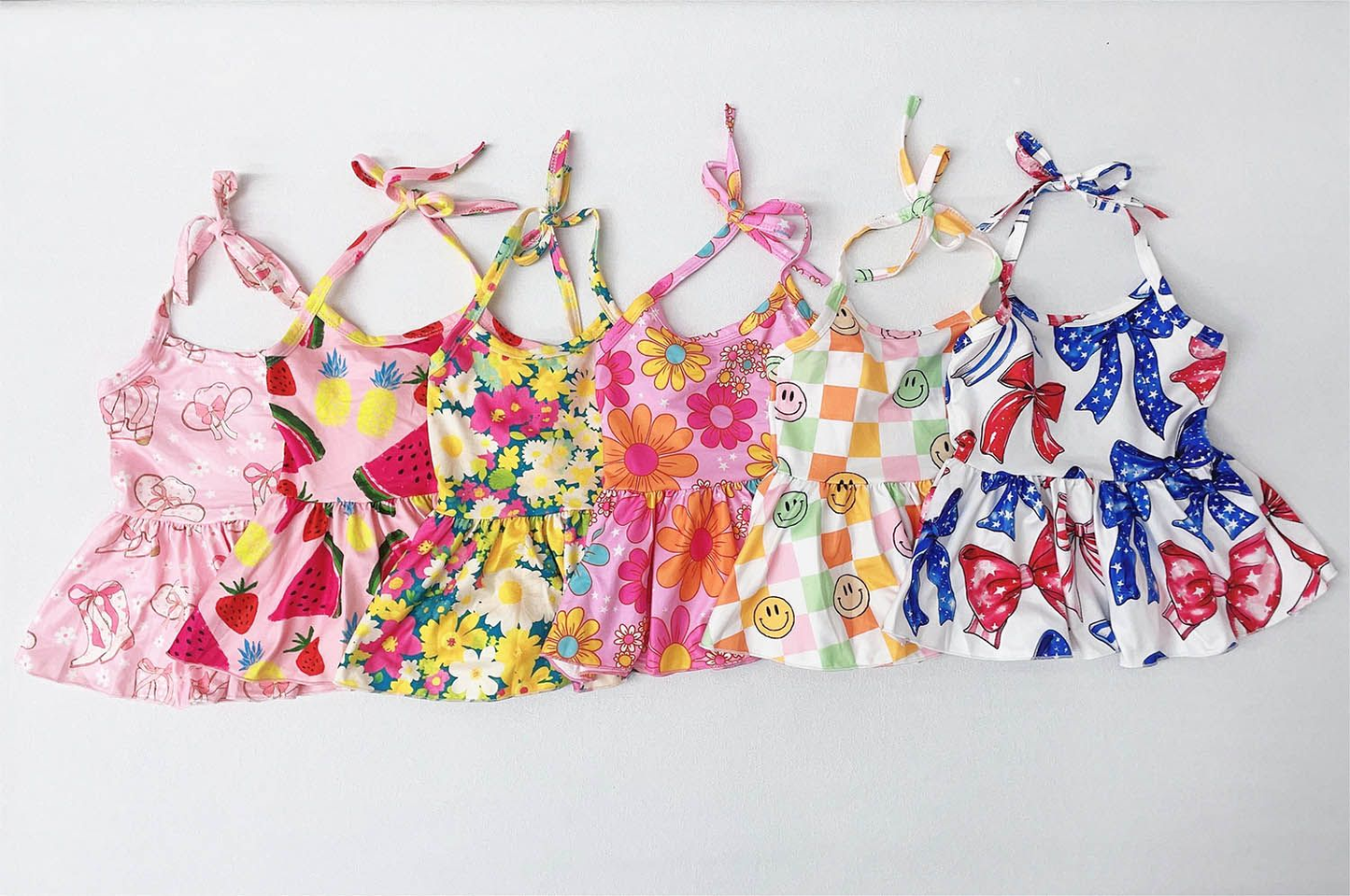 5.17custom each style moq 5eta 4-5week Summer flower fruit bow print shoulder skirt series