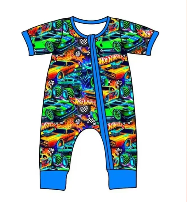 Deadline  October 3 custom no moq eta 6-8weeks Cool racing pattern blue short-sleeved zip-up long romper
