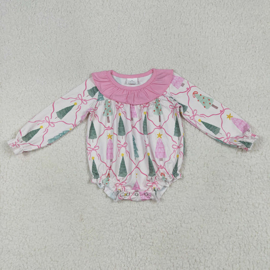 RTS NO MOQ LR2275 Beige long-sleeved bodysuit with pink lace and Christmas tree bow pattern