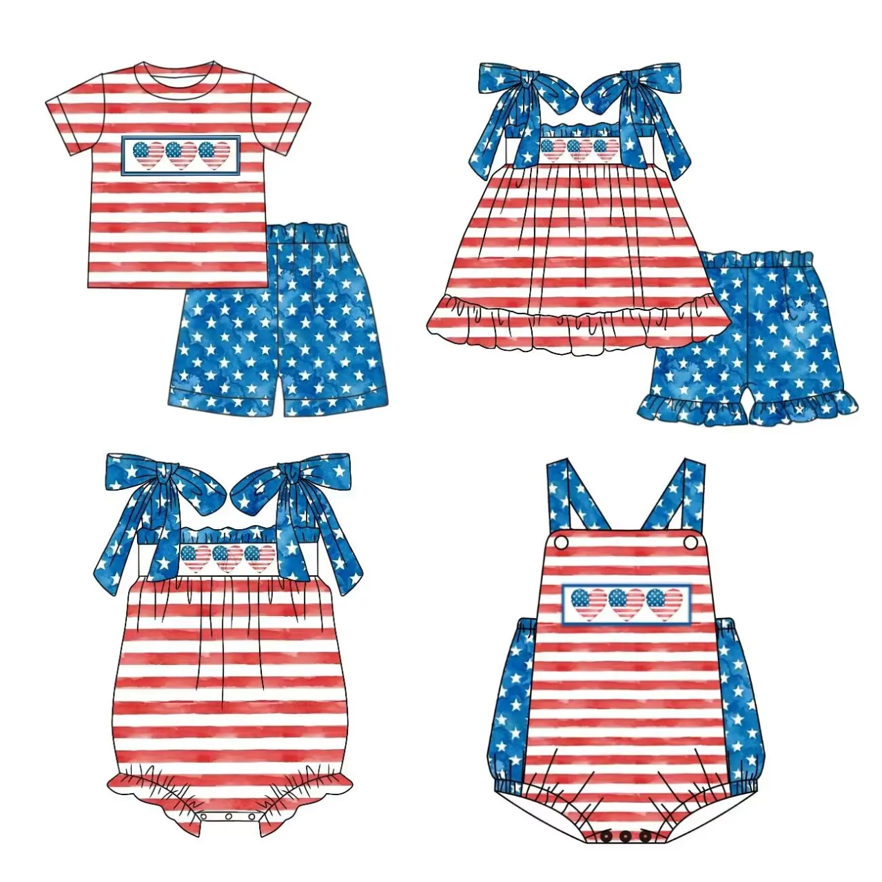 5.10custom each style moq 5eta 4-5week Sibling Sister love prints red-blue boys and girls outfits and baby romper match family design