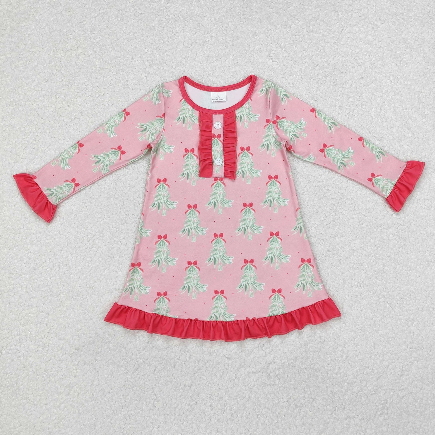 RTS NO MOQ ETA 5/7days arrived GLD0636 Christmas Tree Bow Pattern Rose Red Lace Pink Long Sleeve Dress