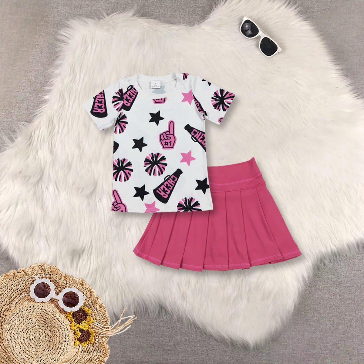 RTS NO MOQ Sibling baby girls clothes Cheer fireworks star white short-sleeved top skirt sets