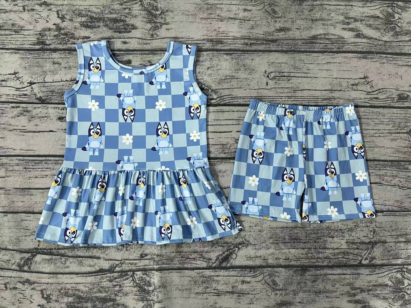 no moq Flower blue short-sleeved shorts suit blue