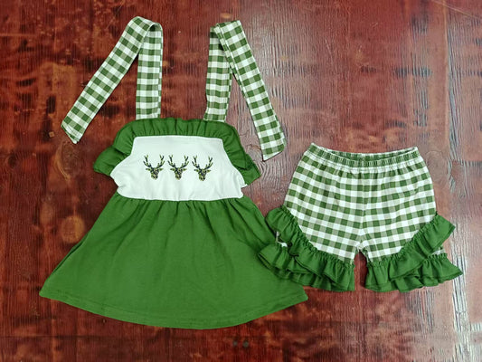 Custom moq 3 eta 6-7weeks baby girls clothes green sleeveless shorts sets