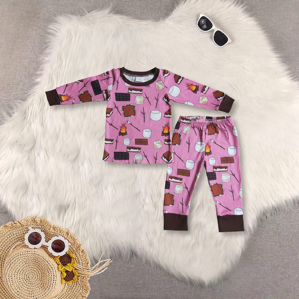 RTS NO MOQ Tiramisu-Bonfire Pattern Long Sleeve Long Pants Pajama Set