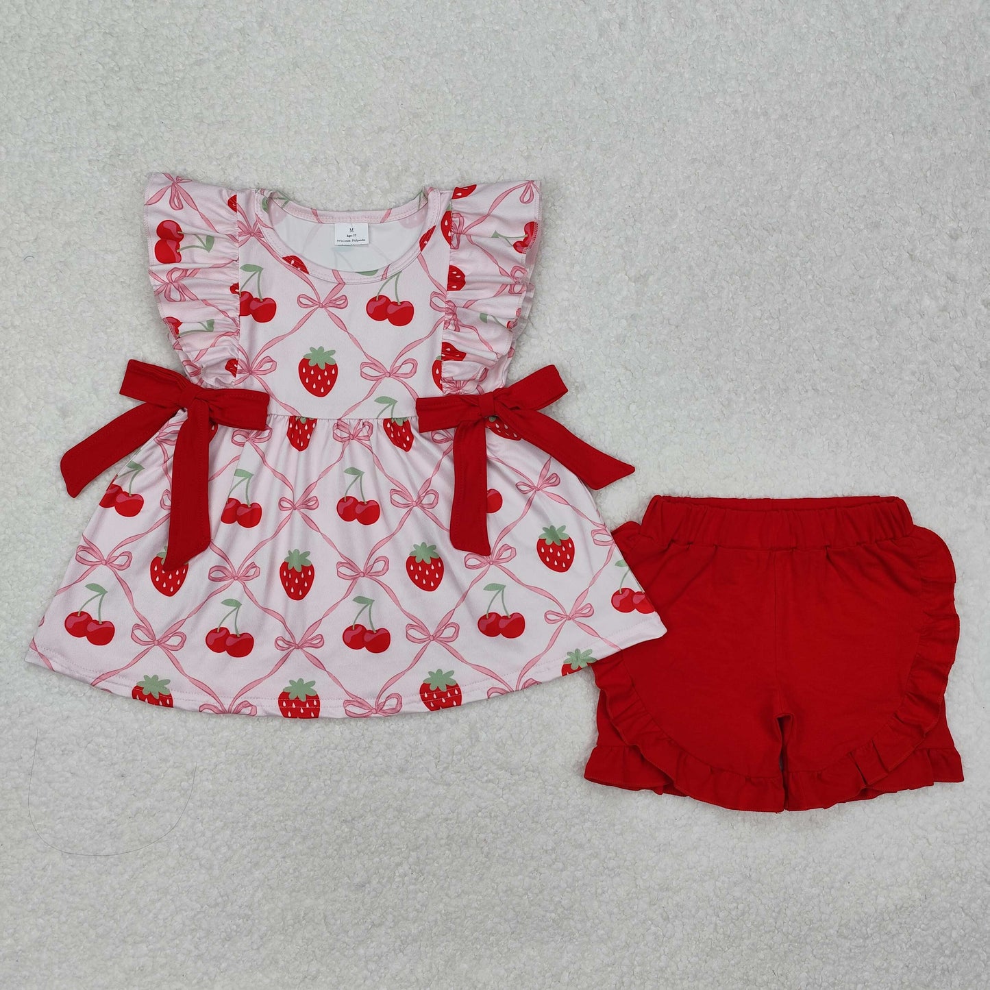 RTS NO MOQ ETA 5/7days Arrived GSSO1640 Strawberry cherry red bow pink sleeveless shorts set