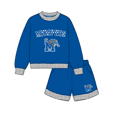 custom moq 5 mix size KEMN01 Baby Kids Blue Checked Long Sleeve Top Elastic Waist Casual Shorts Set