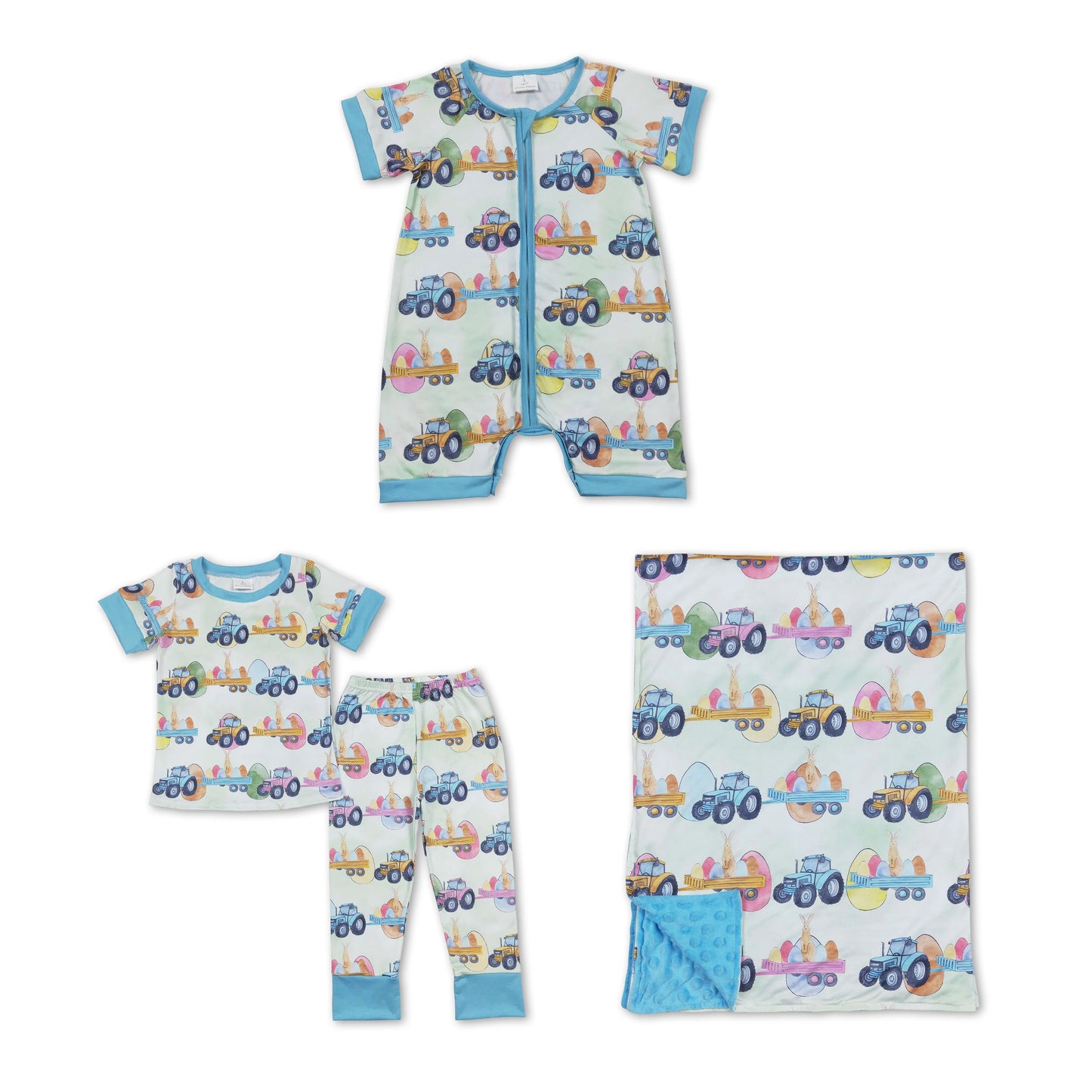RTS NO MOQ BSPO0300 SR0883 BL0117 Blue coupe pattern short-sleeved zip-up romper & short-sleeved long pants set & baby blanket