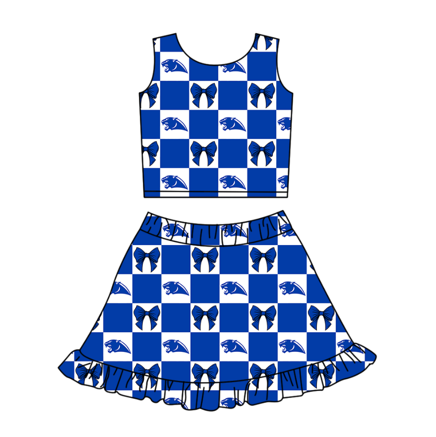 Custom moq 3 or 5 mix size milk silk summer teams baby girl clothes bow blue sleeveless skirts sets