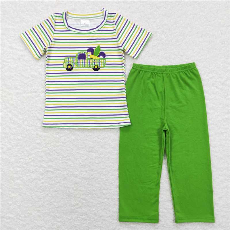 RTS NO MOQ（In Stock) mardi gras embroidered short sleeve trousers suit
