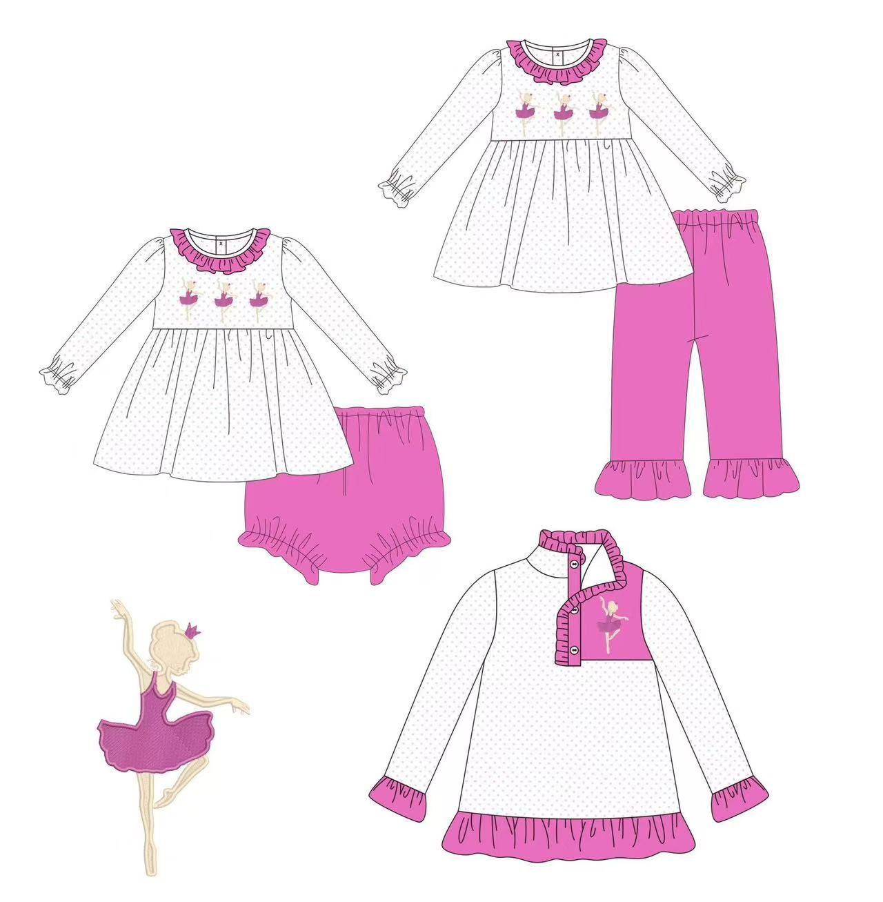 Custom moq 5 each style eta 6-7weeks baby gir clothes ballet girl long sleeve pants and top and brief sets