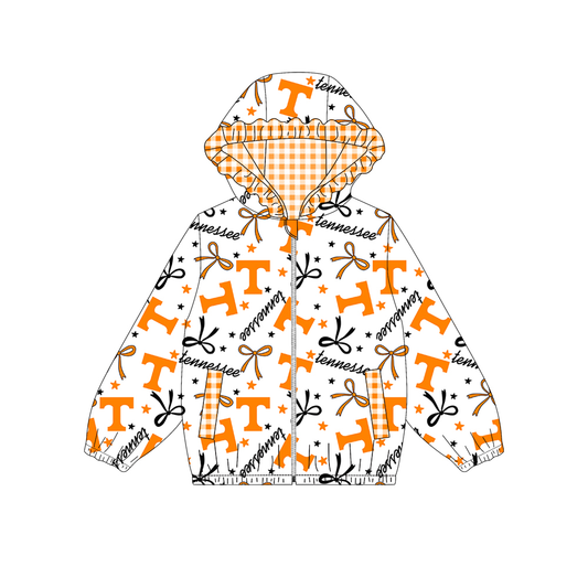 Custom moq 8 mix size milk silk summer team baby girls clothes bow orange hooded long sleeve top-25.9.19